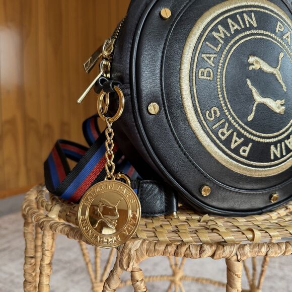 Puma X Balmain Leather Satin Round Backpack Black Gold Streetwear RARE find! - Picture 4 of 15